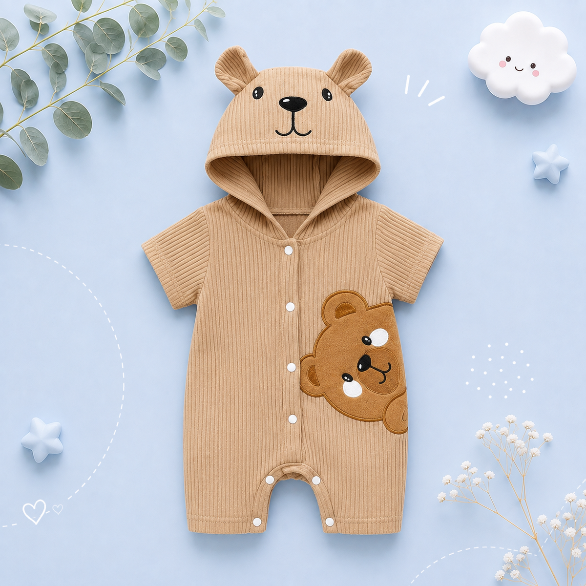 The Nicolas - Baby Boy Brown Bear Print Hoodie Jumpsuit