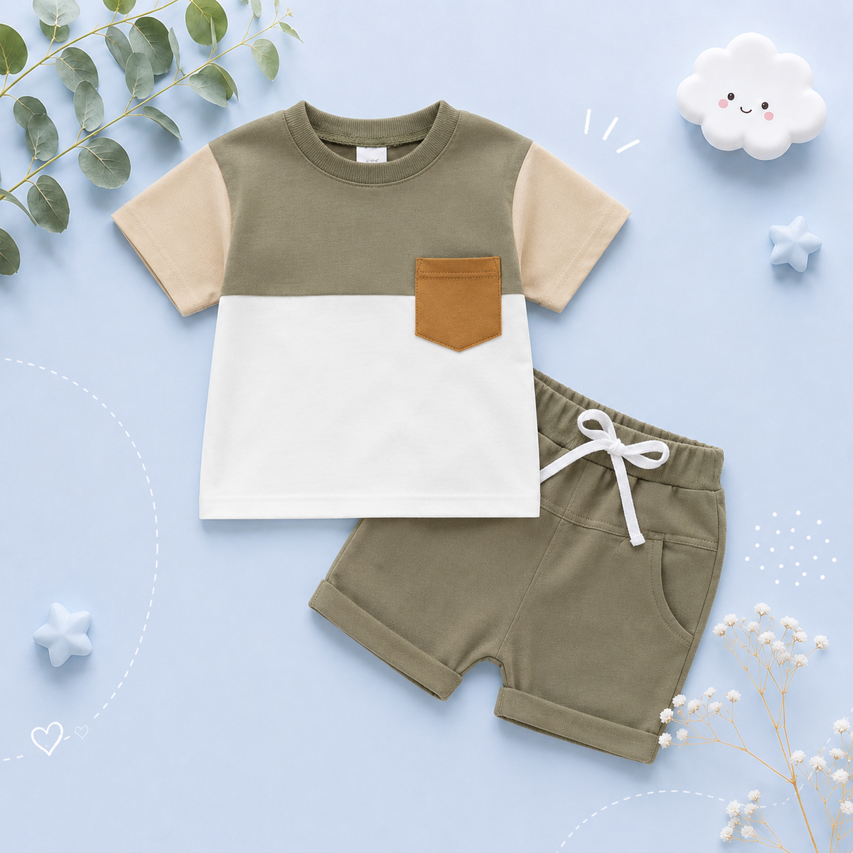 The Weston - Baby Boy Short Sleeve Pocket Contrast Color T-shirt + Shorts