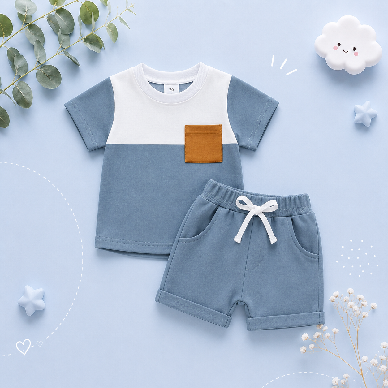 The Weston - Baby Boy Short Sleeve Pocket Contrast Color T-shirt + Shorts