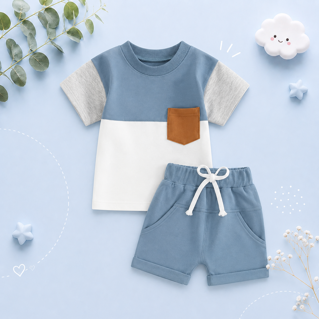 The Weston - Baby Boy Short Sleeve Pocket Contrast Color T-shirt + Shorts