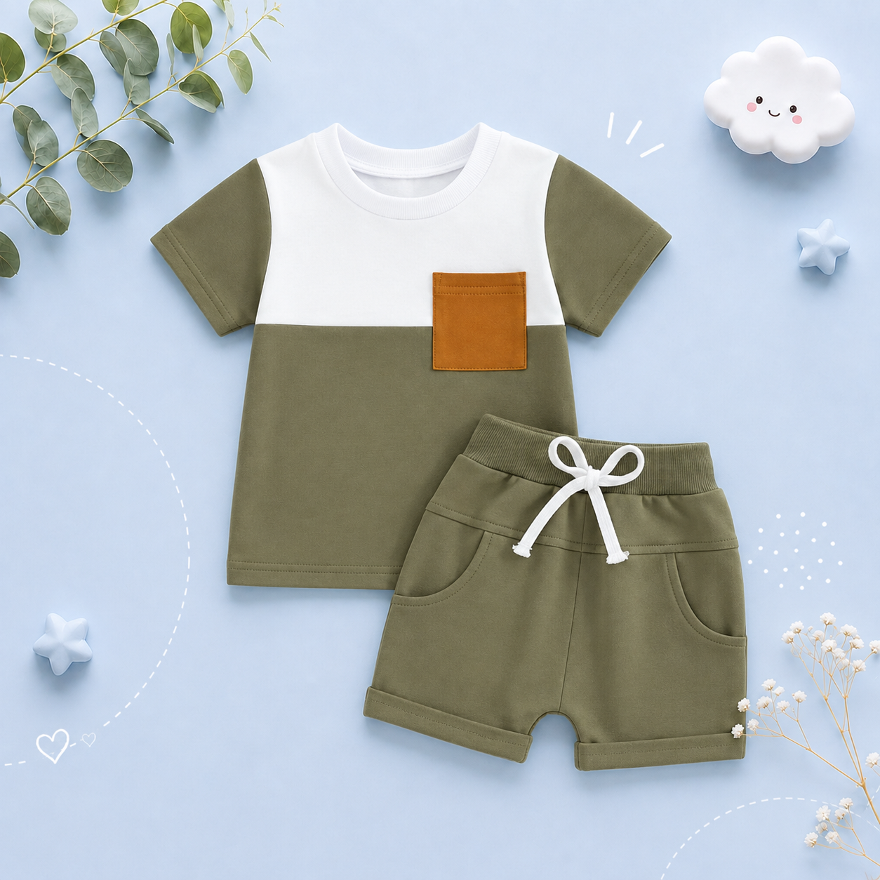 The Weston - Baby Boy Short Sleeve Pocket Contrast Color T-shirt + Shorts