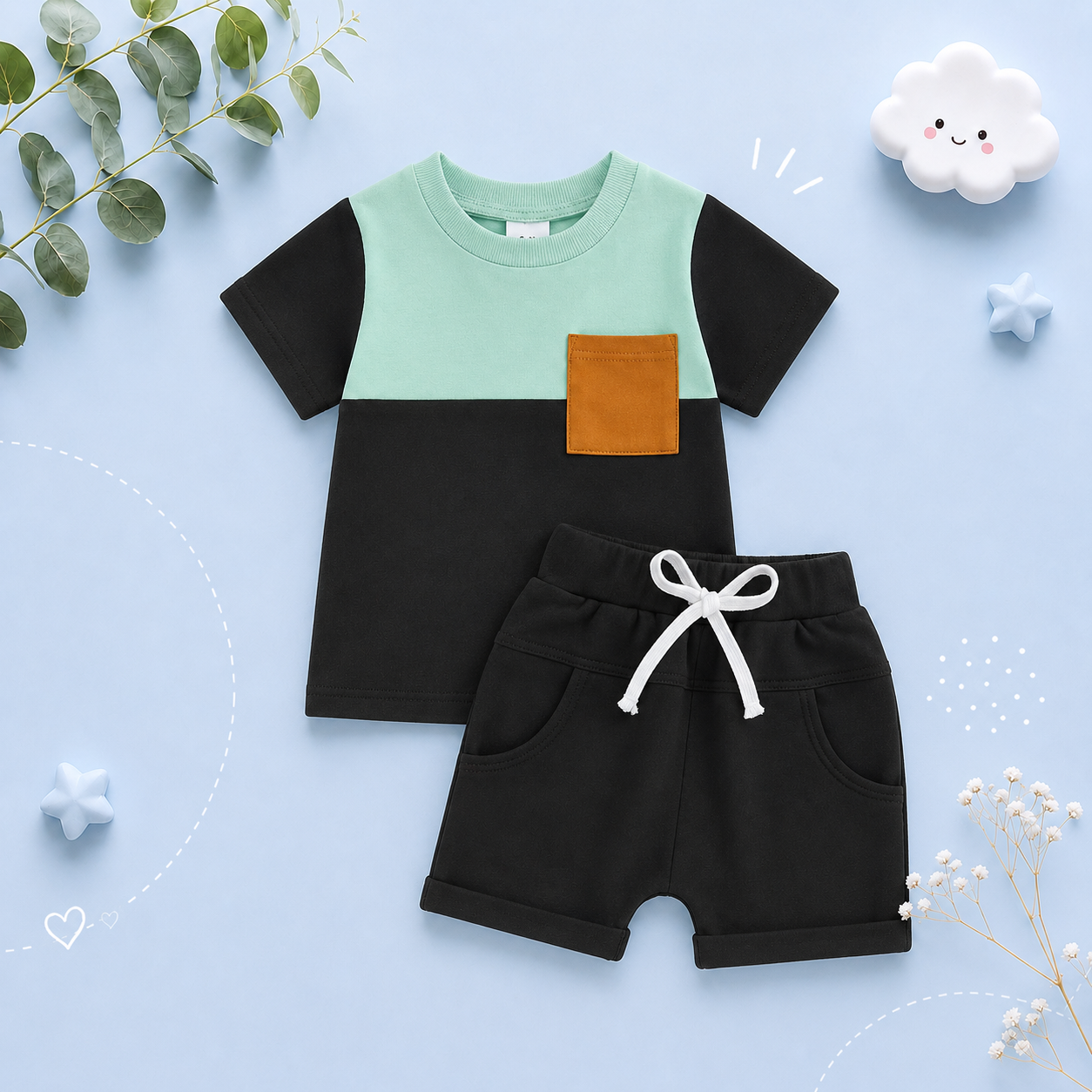 The Weston - Baby Boy Short Sleeve Pocket Contrast Color T-shirt + Shorts