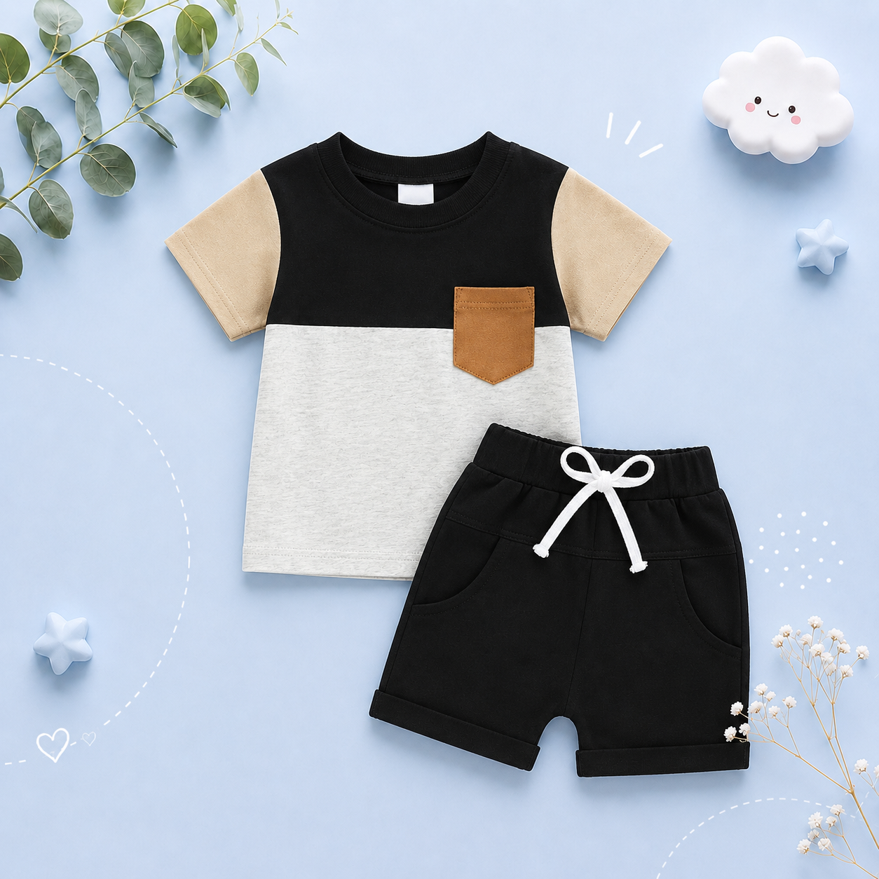 The Weston - Baby Boy Short Sleeve Pocket Contrast Color T-shirt + Shorts