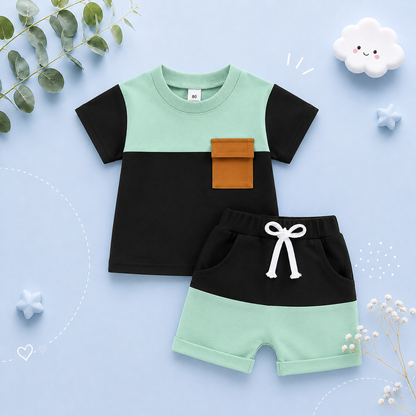The Weston - Baby Boy Short Sleeve Pocket Contrast Color T-shirt + Shorts