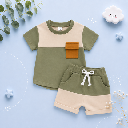 The Weston - Baby Boy Short Sleeve Pocket Contrast Color T-shirt + Shorts