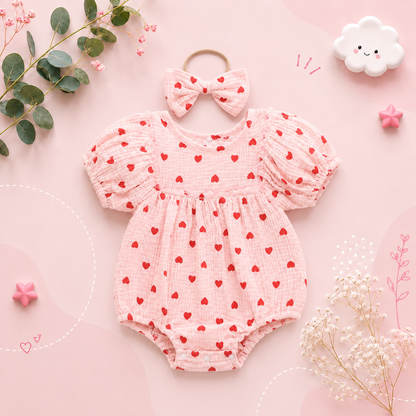 The Elaina - Baby Girl Heart Print Jumpsuit with Bow Headband Set
