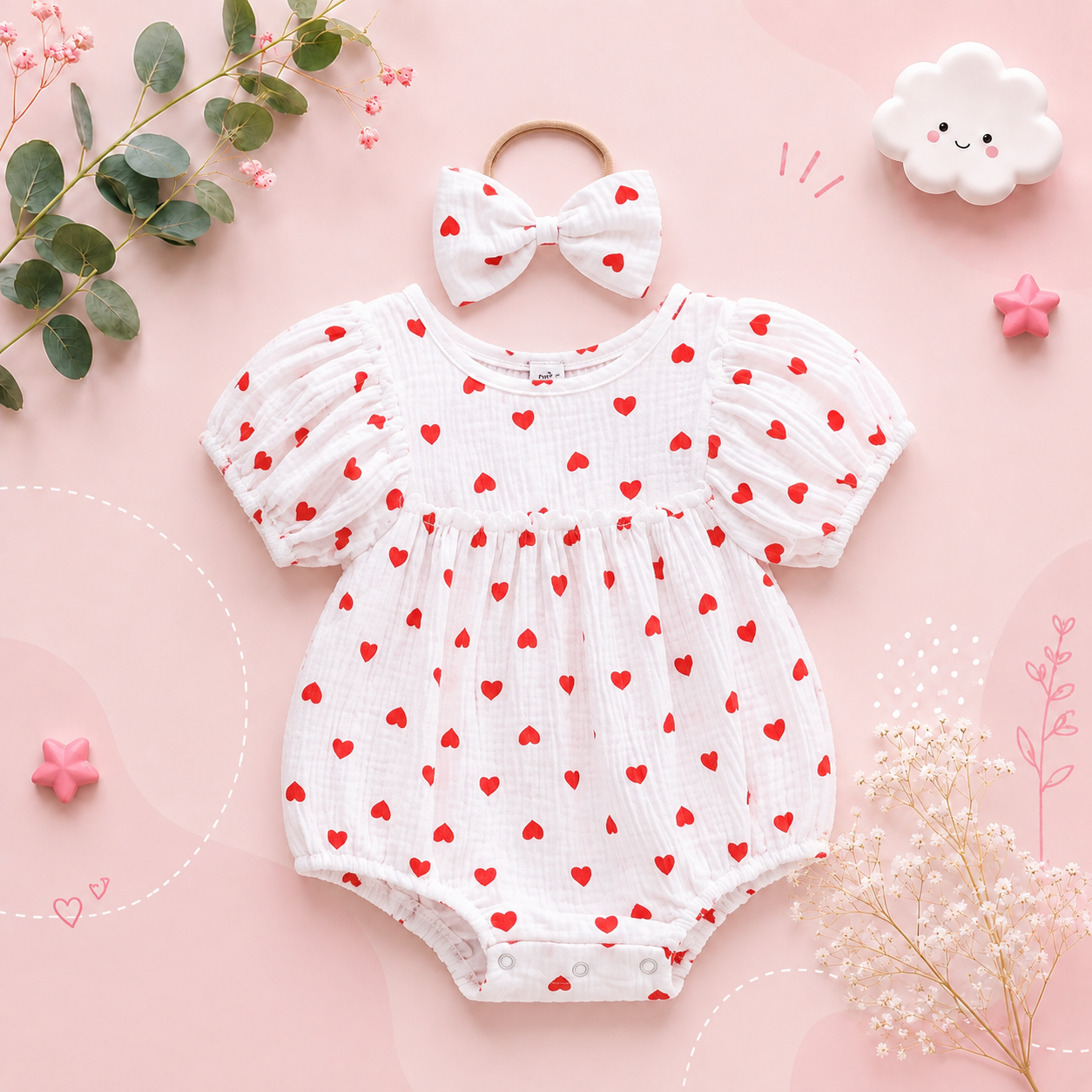 The Elaina - Baby Girl Heart Print Jumpsuit with Bow Headband Set