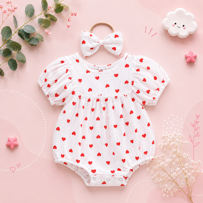The Elaina - Baby Girl Heart Print Jumpsuit with Bow Headband Set