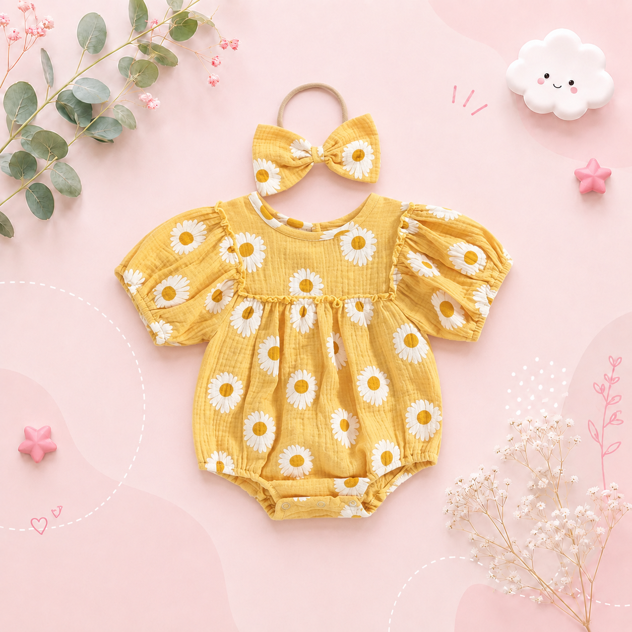 The Camille - Baby Girl Princess Daisy Print Short Sleeve Bodysuit