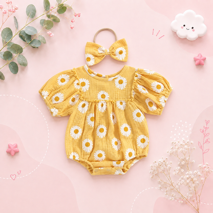 The Camille - Baby Girl Princess Daisy Print Short Sleeve Bodysuit