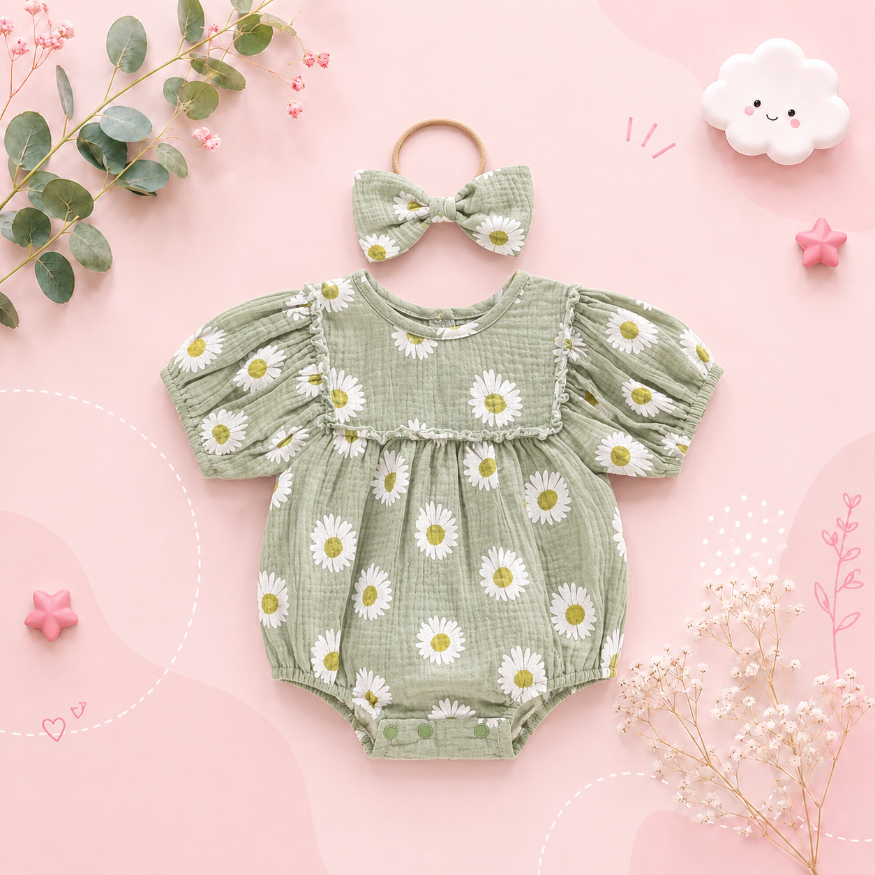 The Camille - Baby Girl Princess Daisy Print Short Sleeve Bodysuit