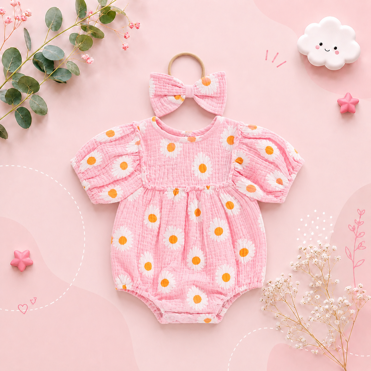 The Camille - Baby Girl Princess Daisy Print Short Sleeve Bodysuit