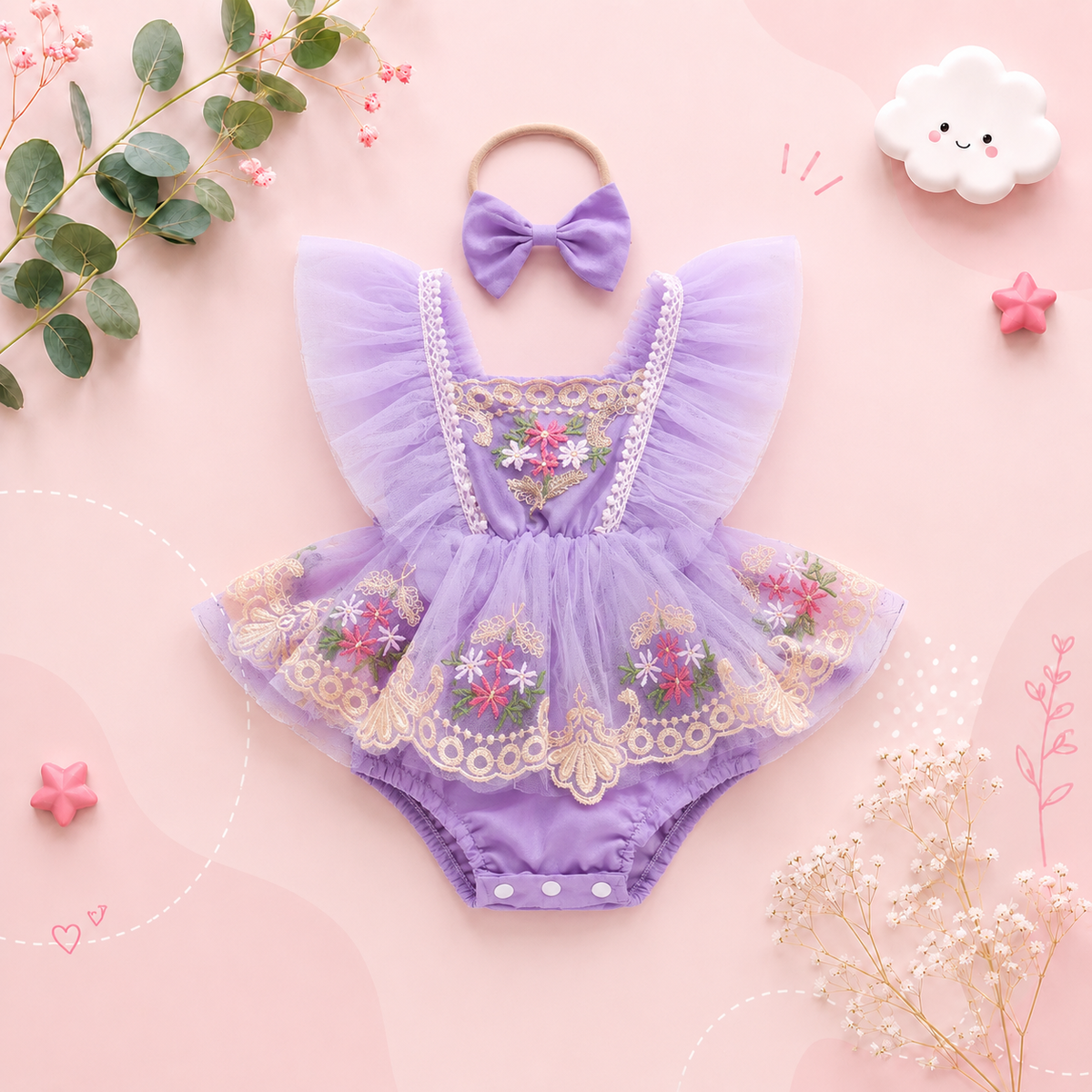 The Talia - Baby Girl Princess Embroidery Floral Lace Romper