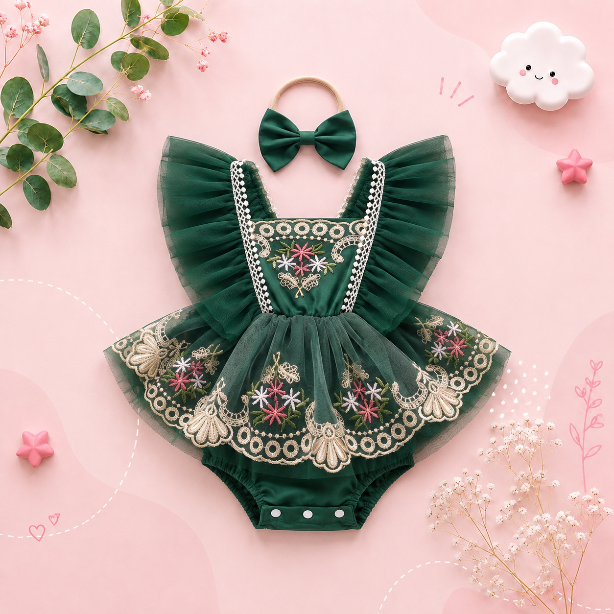 The Talia - Baby Girl Princess Embroidery Floral Lace Romper
