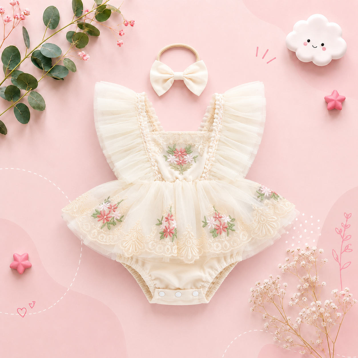 The Talia - Baby Girl Princess Embroidery Floral Lace Romper