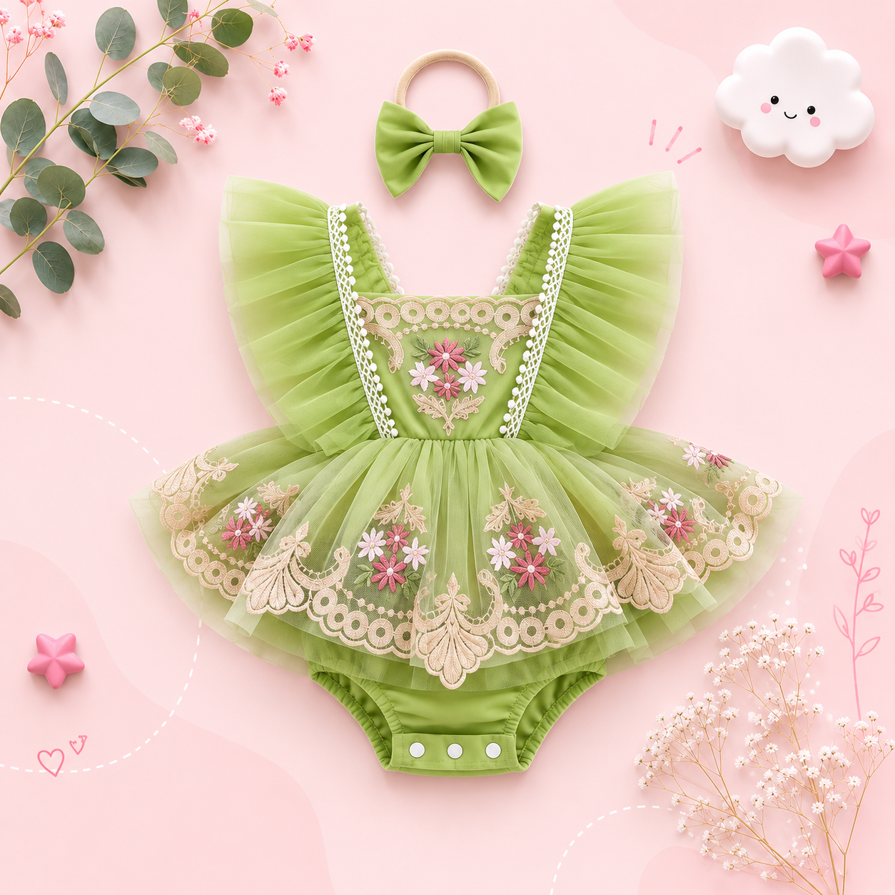 The Talia - Baby Girl Princess Embroidery Floral Lace Romper