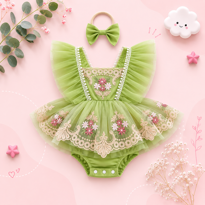 The Talia - Baby Girl Princess Embroidery Floral Lace Romper