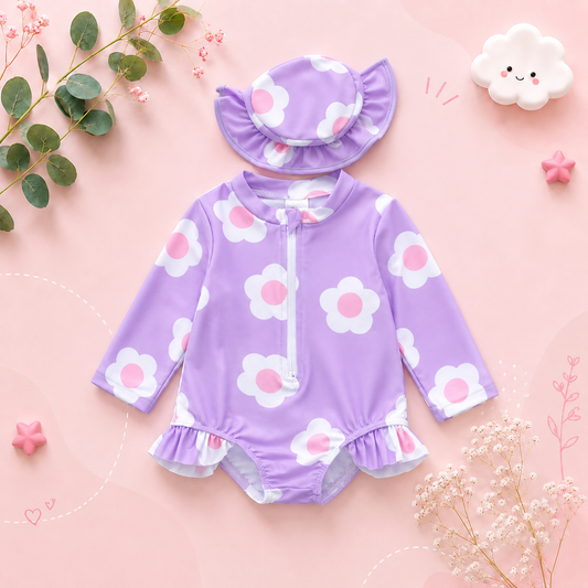 The Mabel - Baby Girl Cute Purple Ruffle Long Sleeve Swimwear
