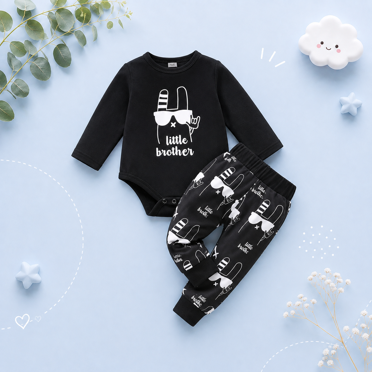 The Lucas - Baby Boy Little Brother Print Romper + Pants