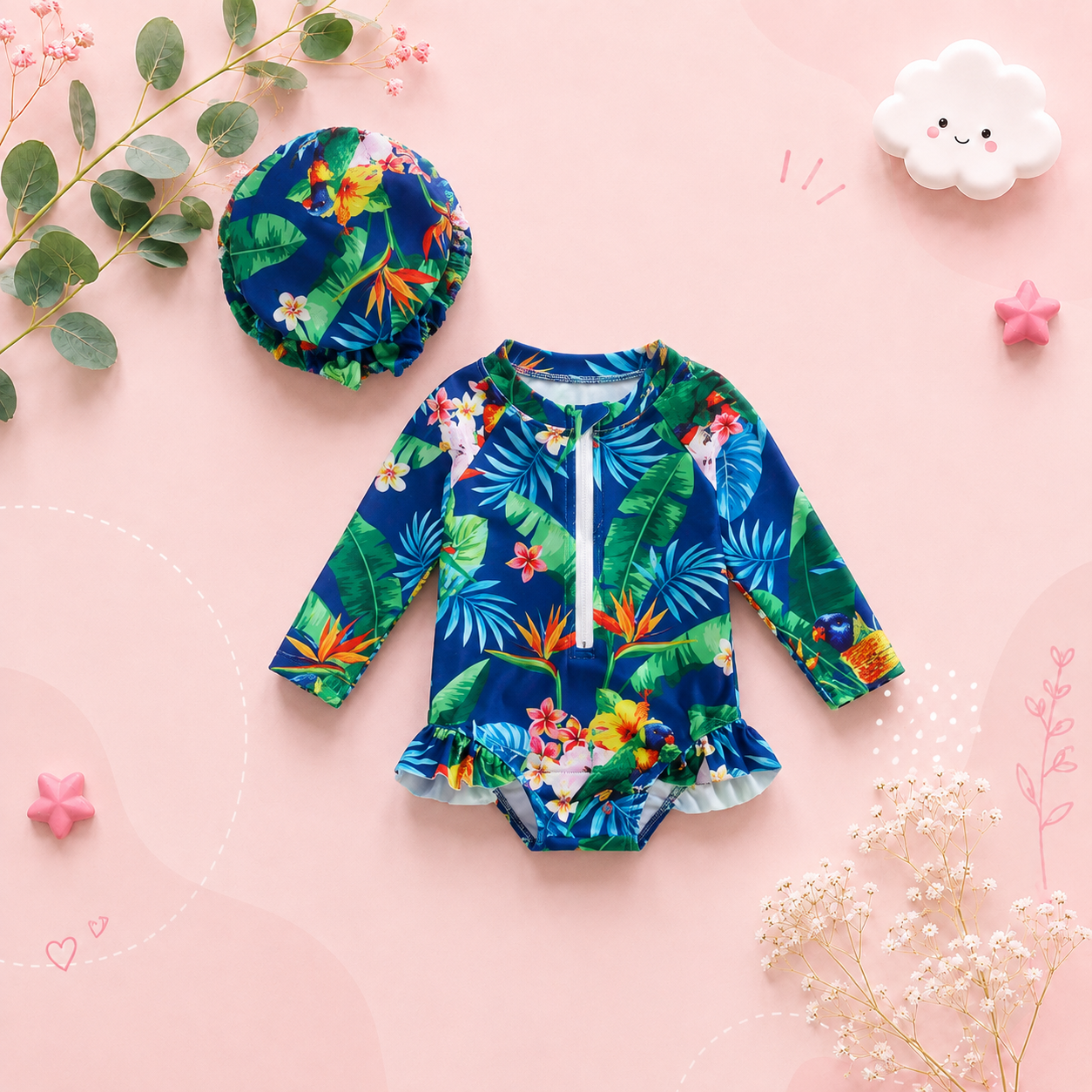 The Lucille - Baby Girl Princess Flower Print Zipper Beachwear