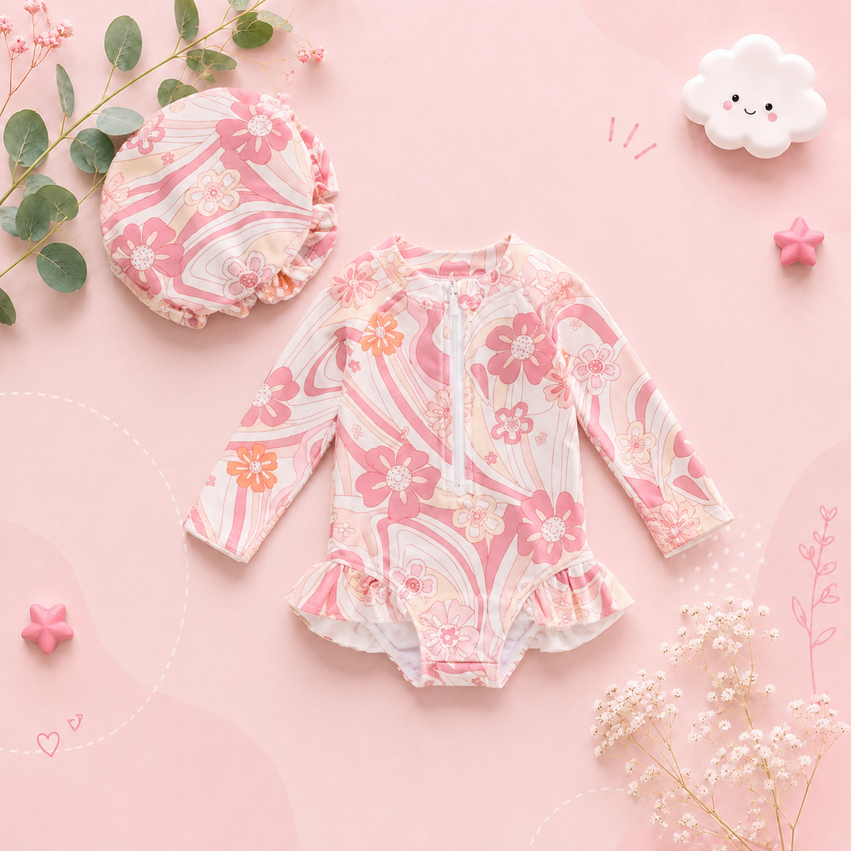 The Lucille - Baby Girl Princess Flower Print Zipper Beachwear