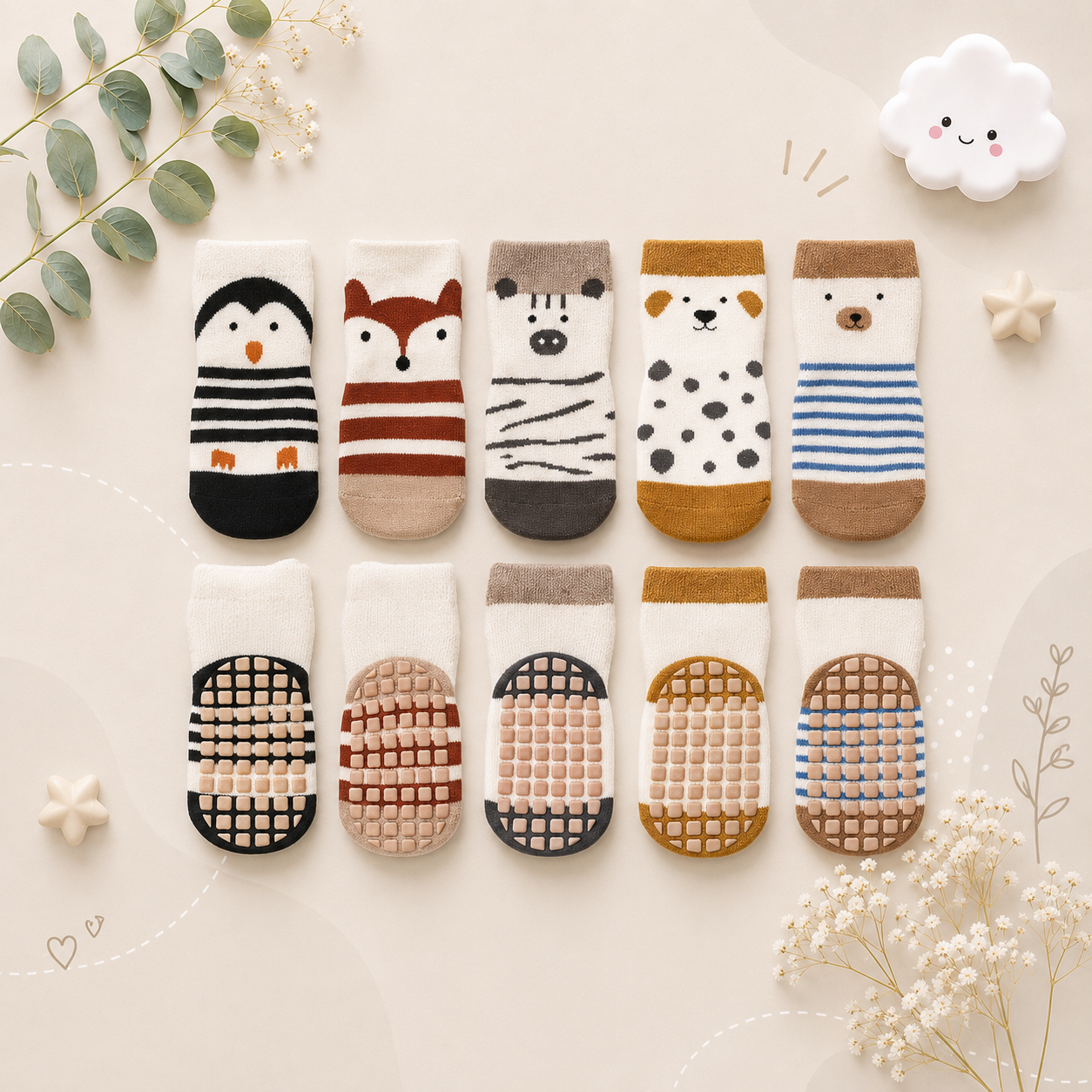 The Eli - Baby Unisex 5 Pairs Animal Print Anti-Slip Baby Socks