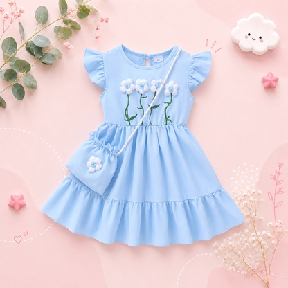 The Cali - Toddler Girls 3PCS Blue Dress with 3D Flower and Pocket Summer Outfit