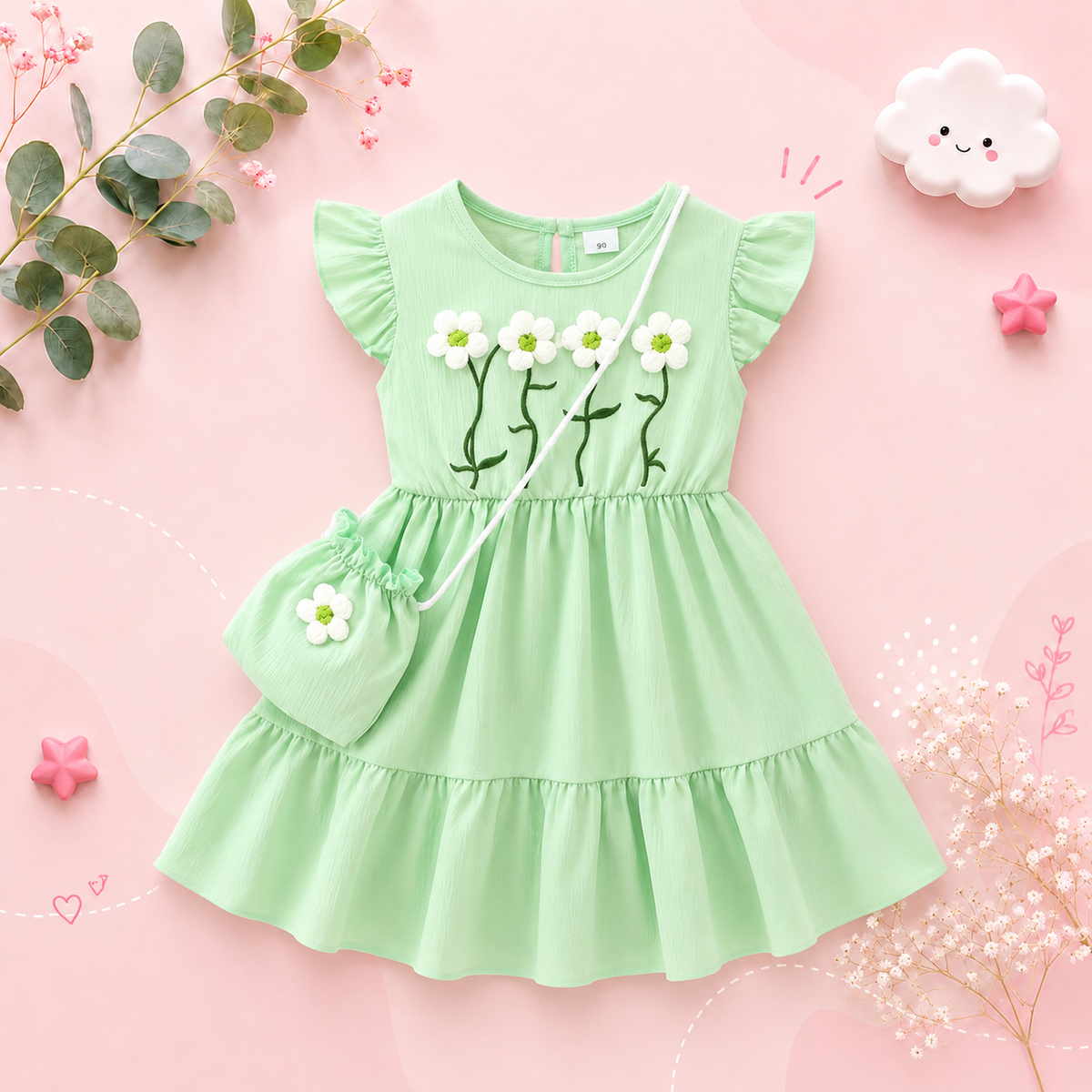 The Cali - Toddler Girls 3PCS Blue Dress with 3D Flower and Pocket Summer Outfit