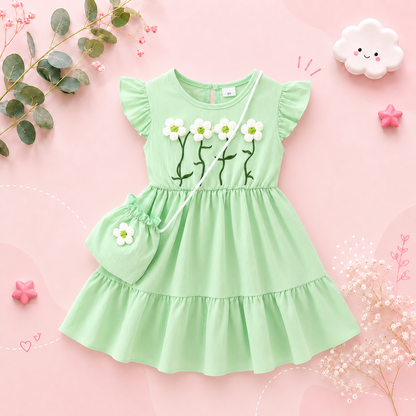 The Cali - Toddler Girls 3PCS Blue Dress with 3D Flower and Pocket Summer Outfit