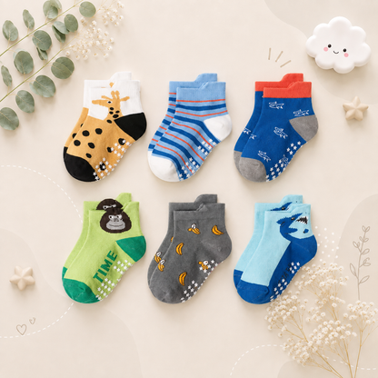 The Saige - Baby Unisex 6 Pairs Cartoon Animal Pattern Cotton Non-Slip Floor Socks