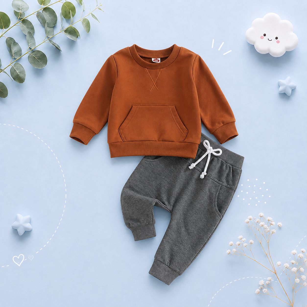 The Miles - Baby Unisex Casual Embroidery Pocket Long Sleeve Sweatshirts + Long Pants