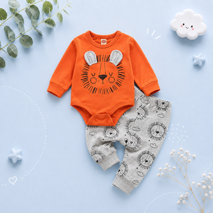 The David - Baby Boy Orange Lion Print Long Sleeve with Pants