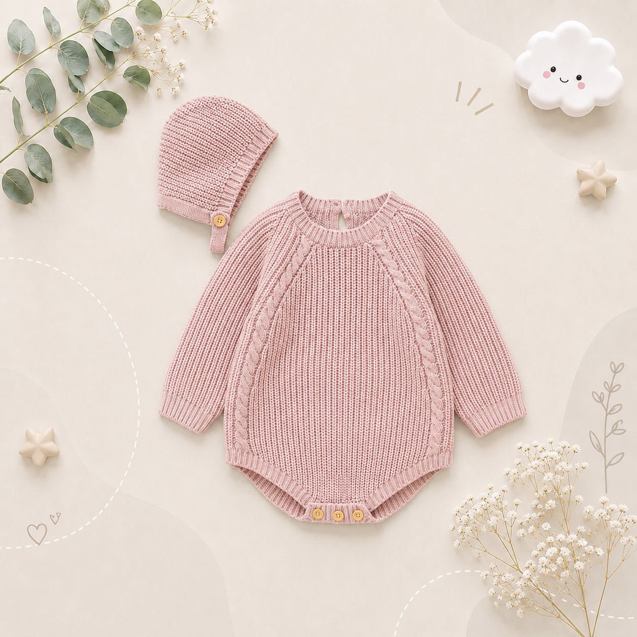 The John - Baby Unisex Warm Knit Jumpsuit Long Sleeve Soft Outfits + Hats