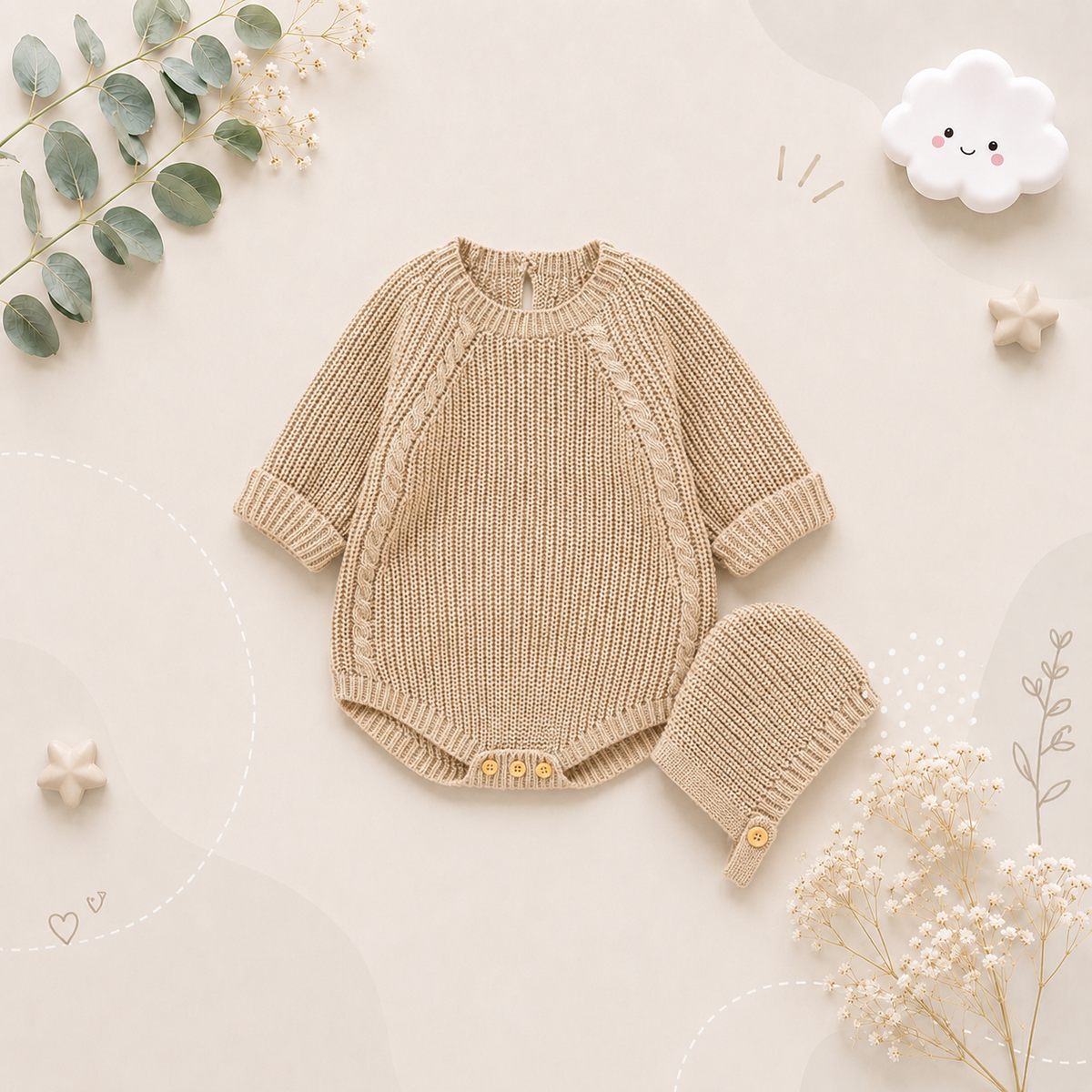 The John - Baby Unisex Warm Knit Jumpsuit Long Sleeve Soft Outfits + Hats