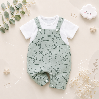 The Waylon - Baby Unisex Elephant Print Turquoise Baby Romper
