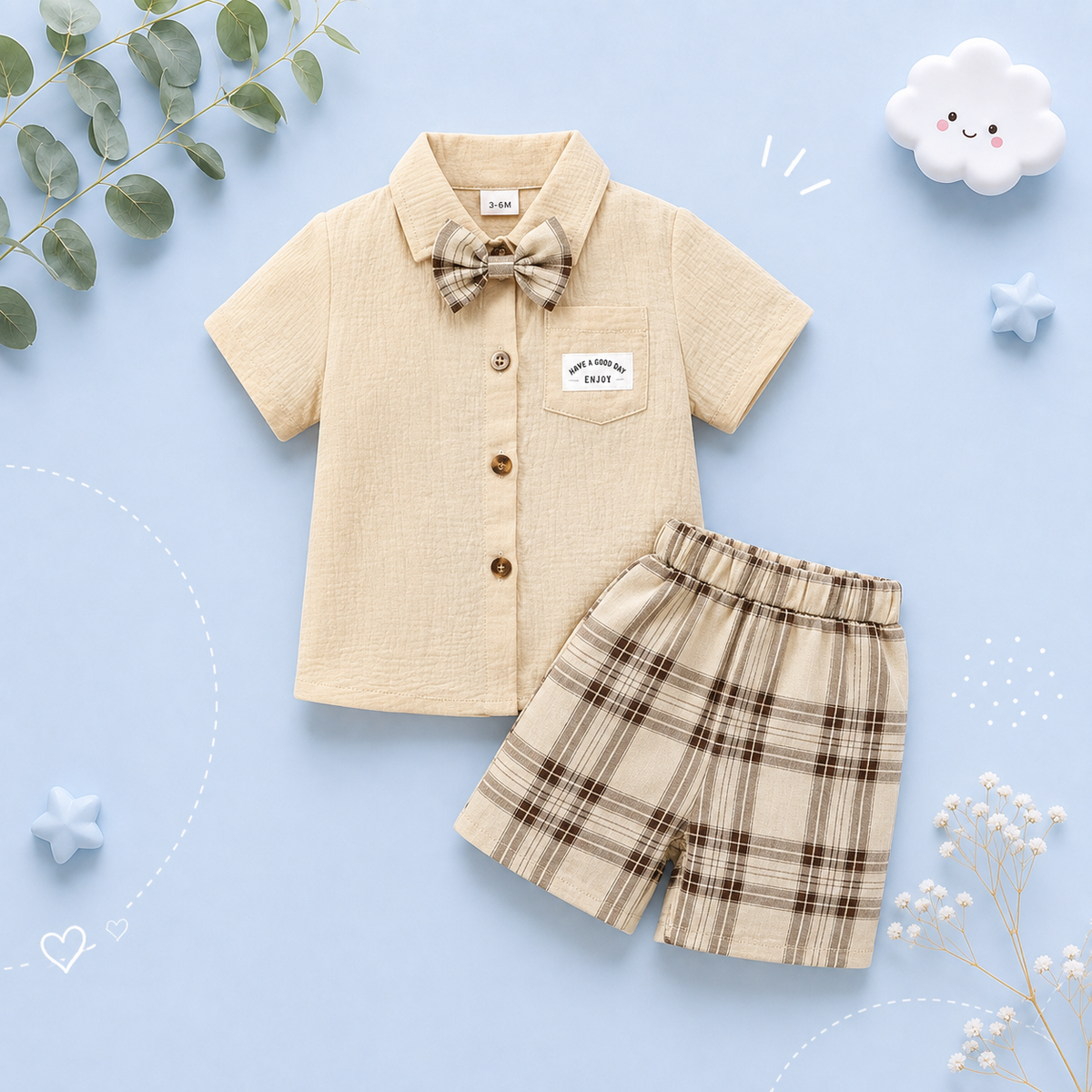 The Greyson - Baby Boy Short Sleeved Solid Color Shirt with Bow Tie + Shorts