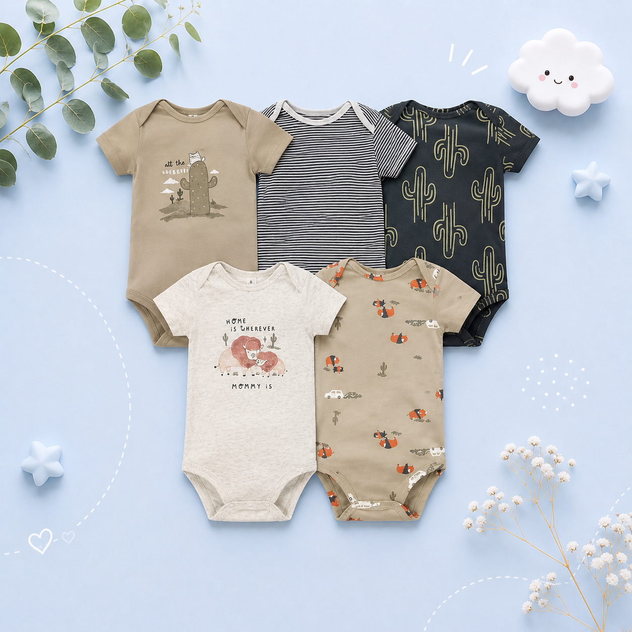The Santiago - Baby Unisex 5pcs Cartoon Print Romper Set