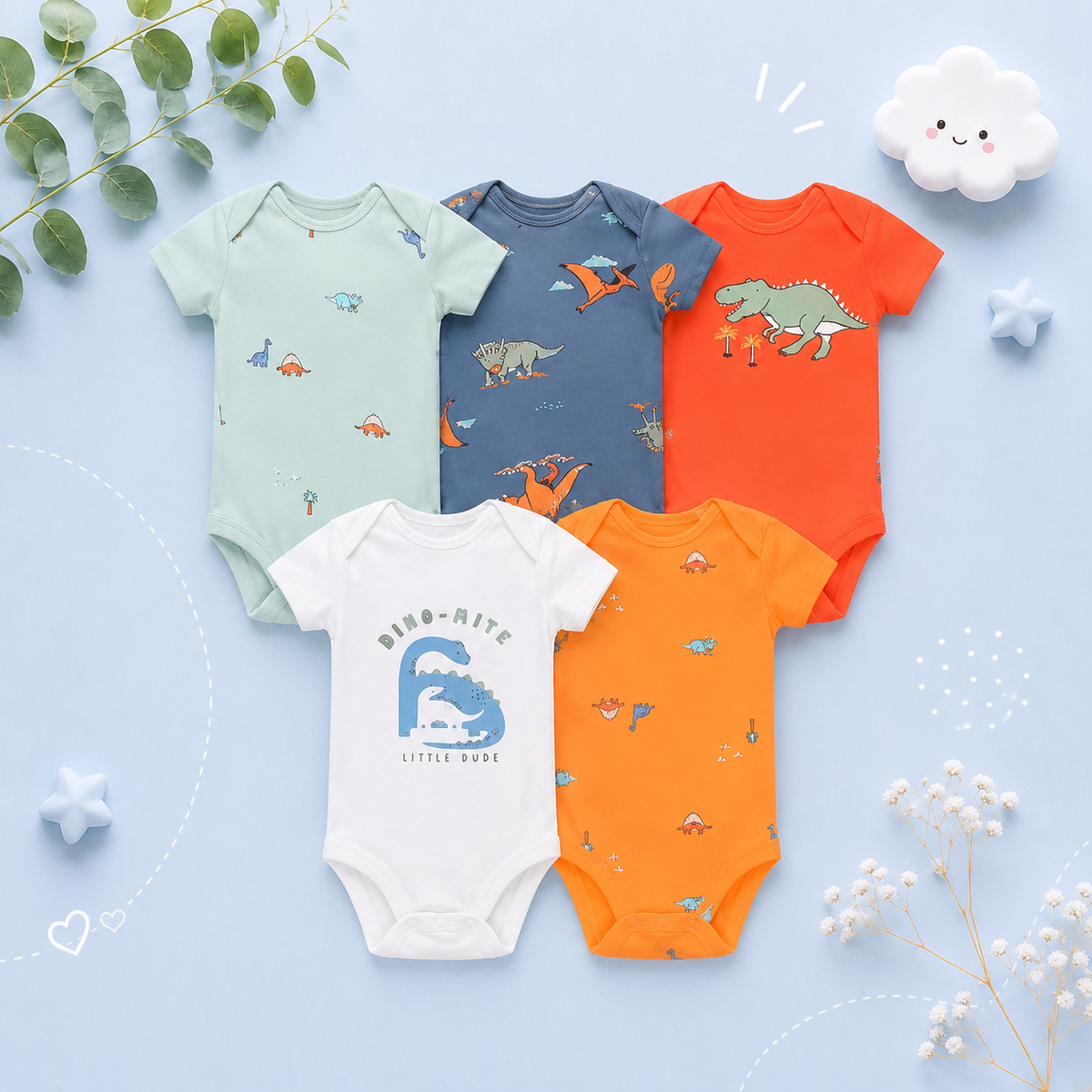 The Santiago - Baby Unisex 5pcs Cartoon Print Romper Set