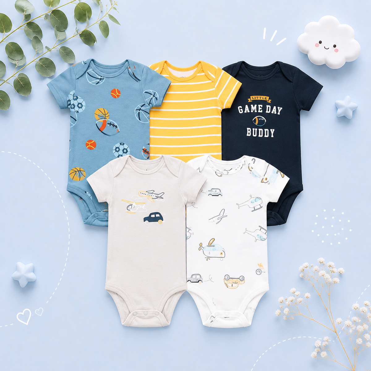 The Santiago - Baby Unisex 5pcs Cartoon Print Romper Set