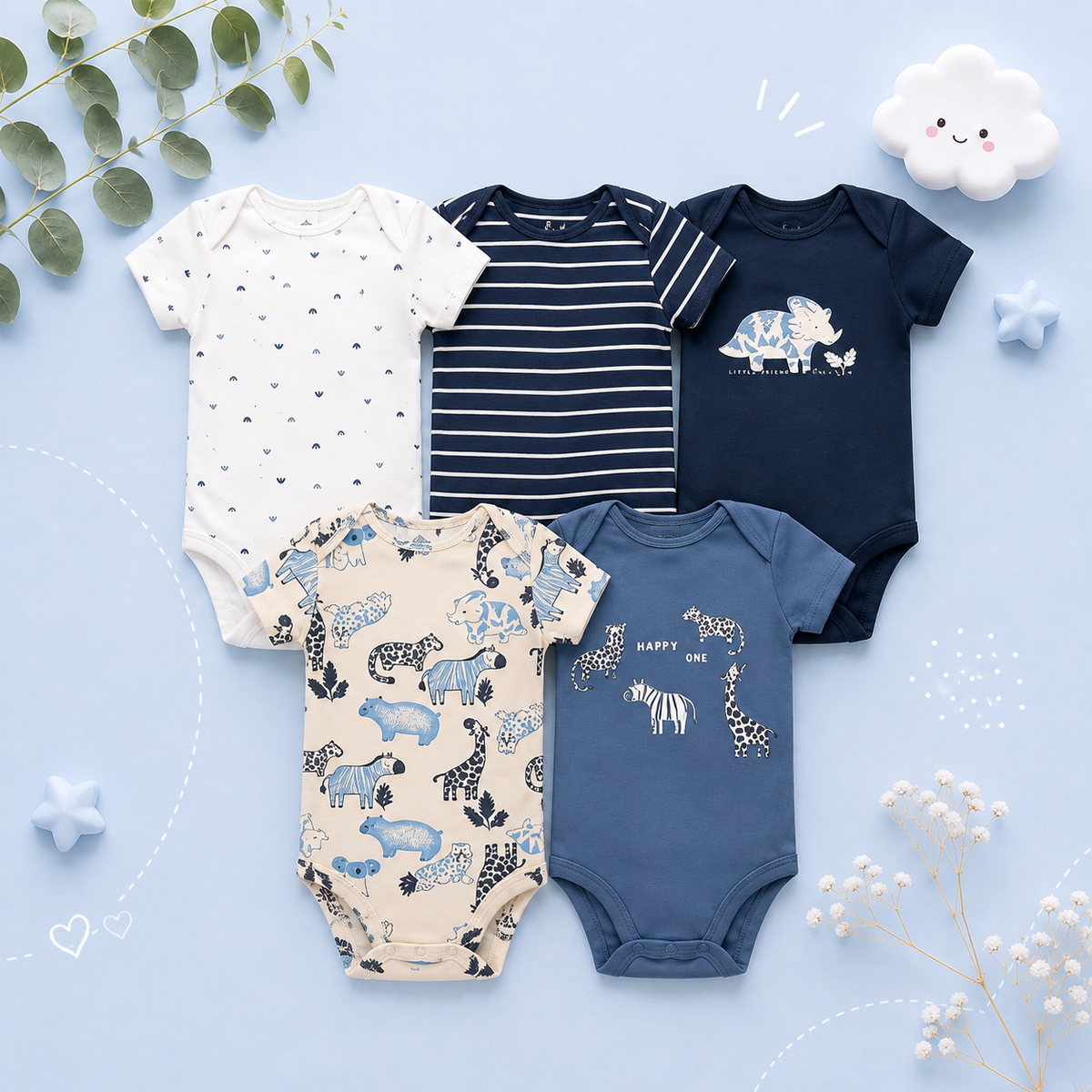 The Santiago - Baby Unisex 5pcs Cartoon Print Romper Set
