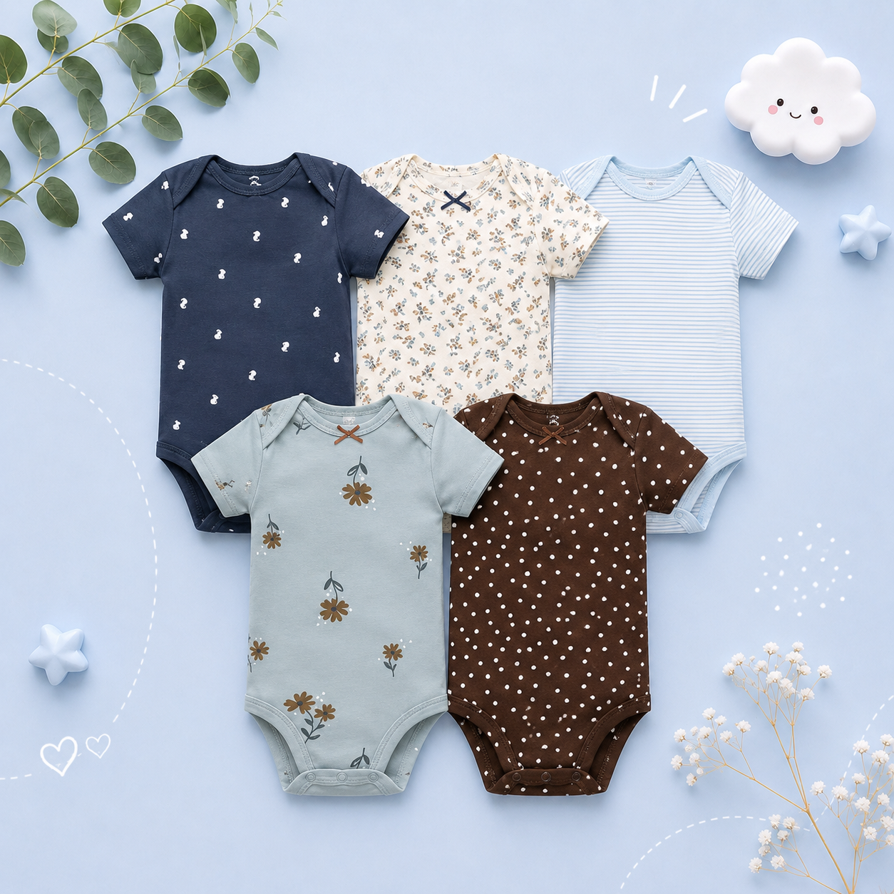 The Santiago - Baby Unisex 5pcs Cartoon Print Romper Set