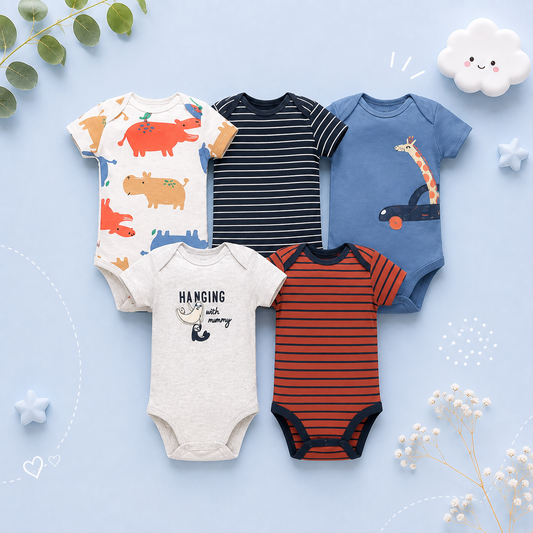 The Santiago - Baby Unisex 5pcs Cartoon Print Romper Set