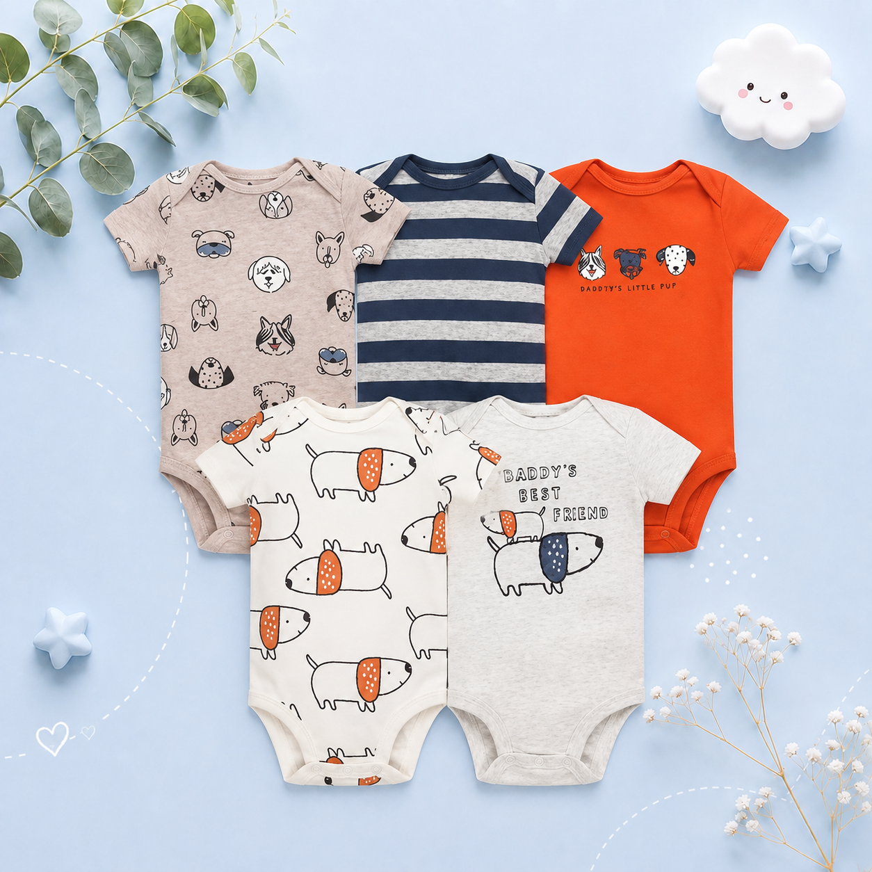 The Santiago - Baby Unisex 5pcs Cartoon Print Romper Set