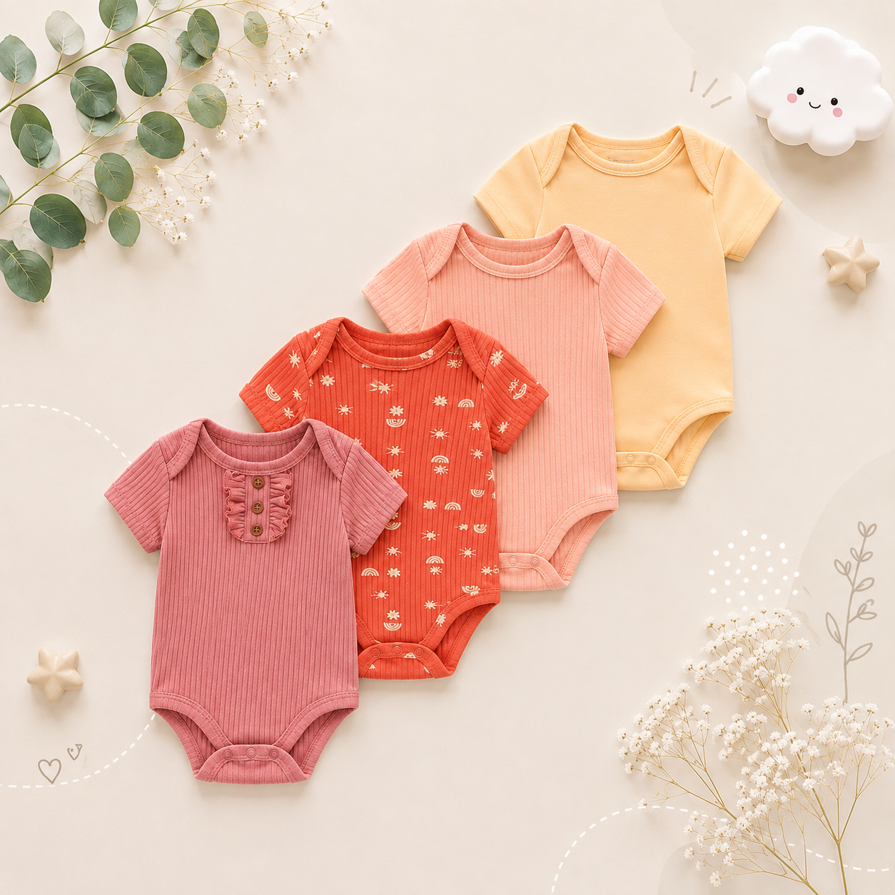 The Caleb - Baby Unisex 4pcs Cartoon Print Bodysuits
