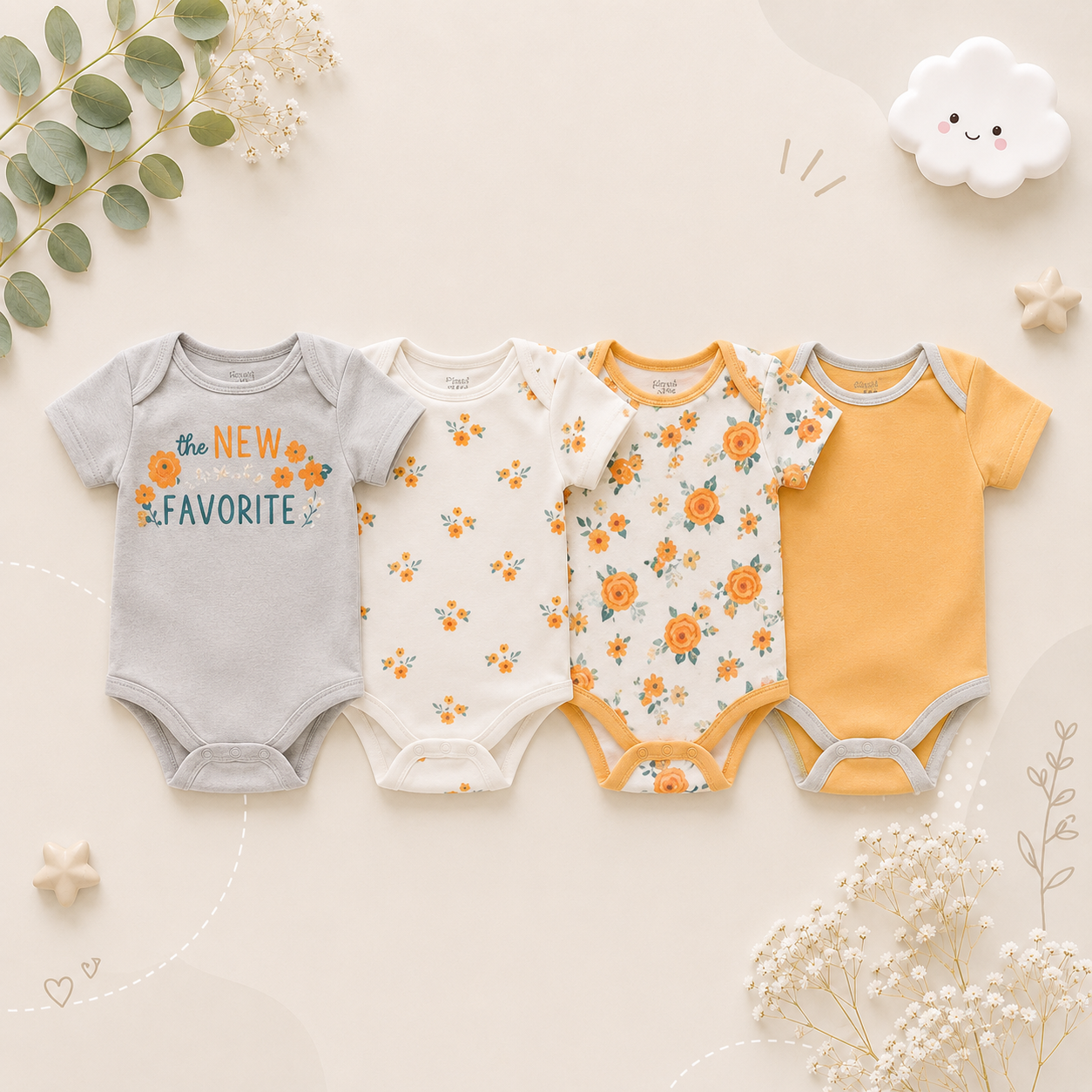The Caleb - Baby Unisex 4pcs Cartoon Print Bodysuits