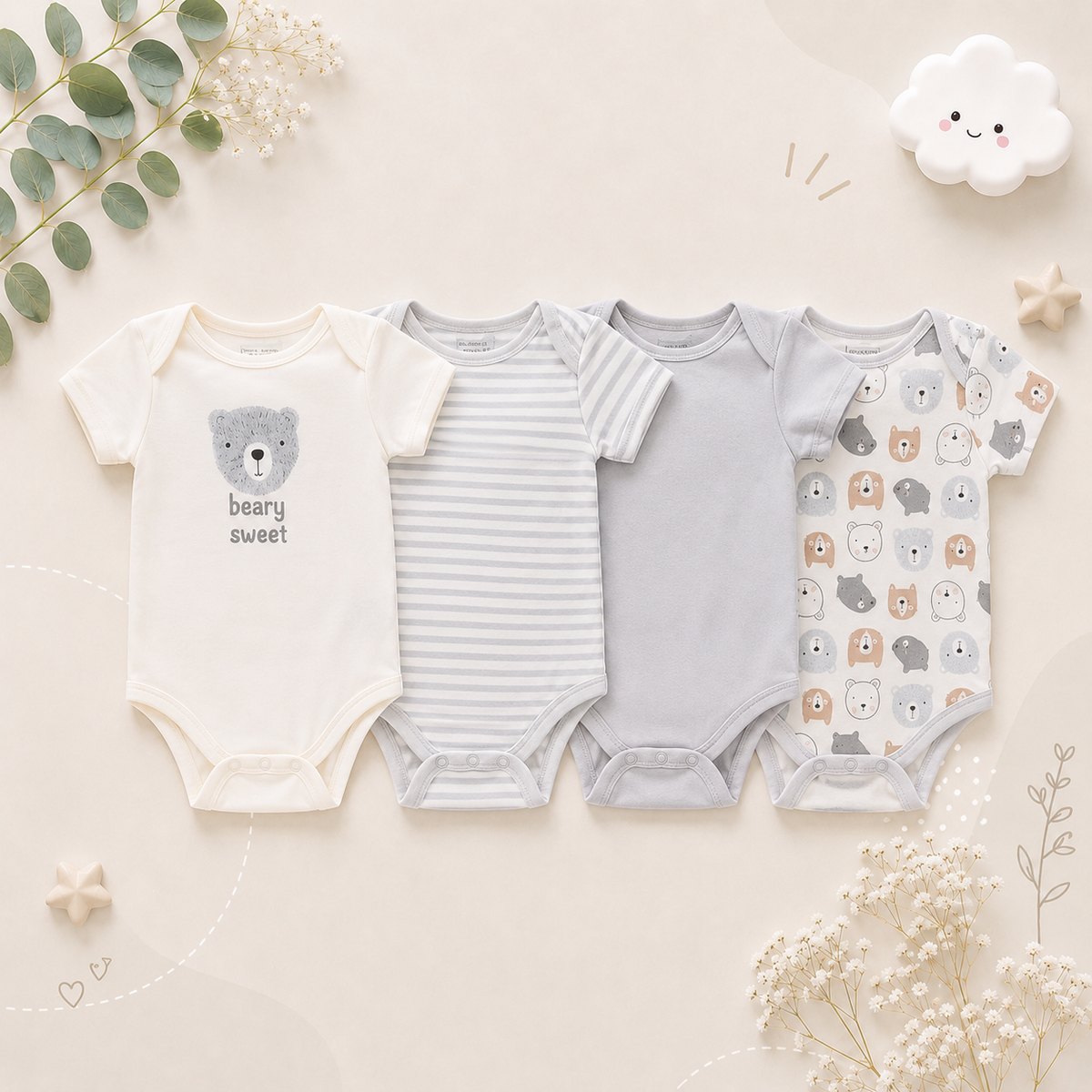 The Caleb - Baby Unisex 4pcs Cartoon Print Bodysuits