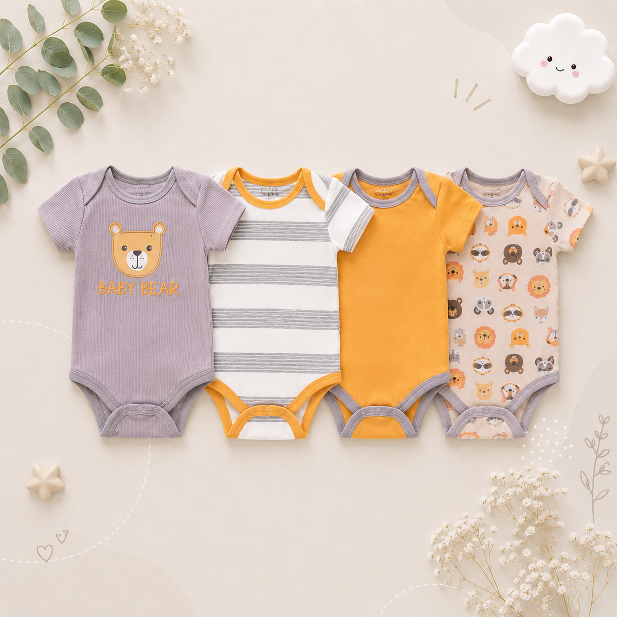 The Caleb - Baby Unisex 4pcs Cartoon Print Bodysuits