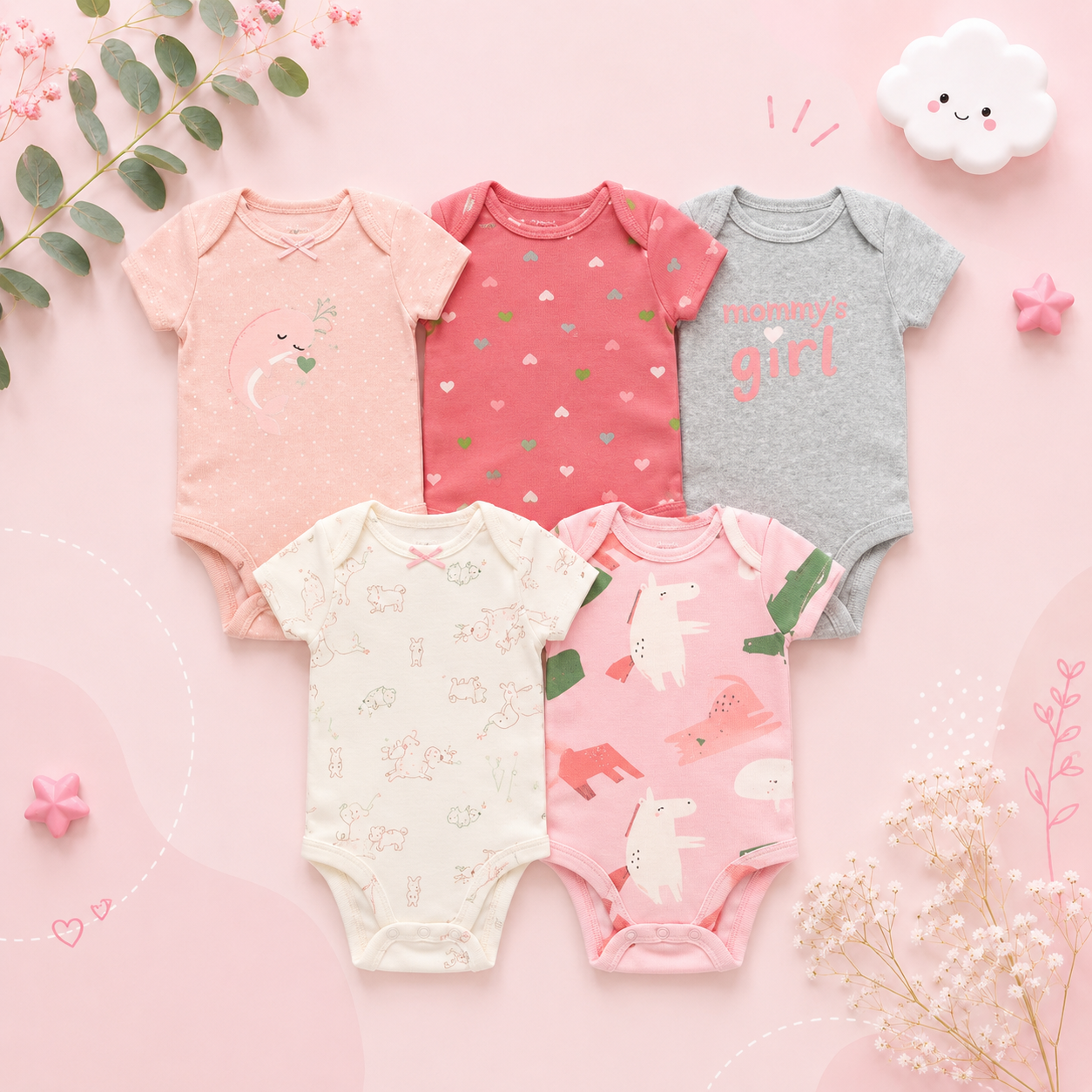 The Santiago - Baby Unisex 5pcs Cartoon Print Romper Set