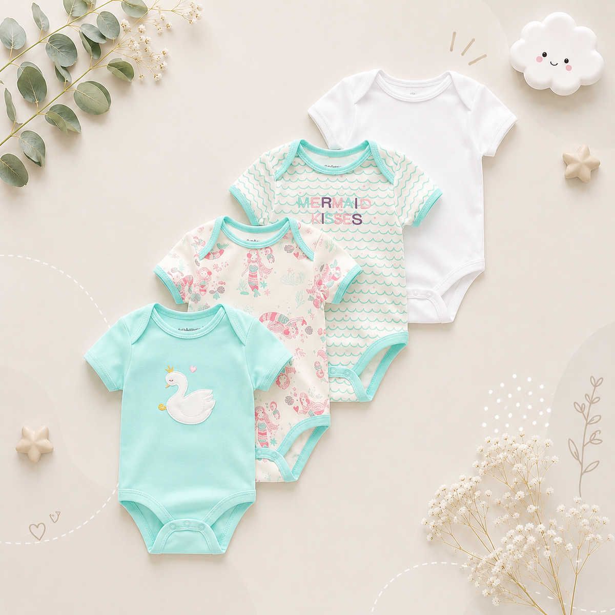 The Caleb - Baby Unisex 4pcs Cartoon Print Bodysuits