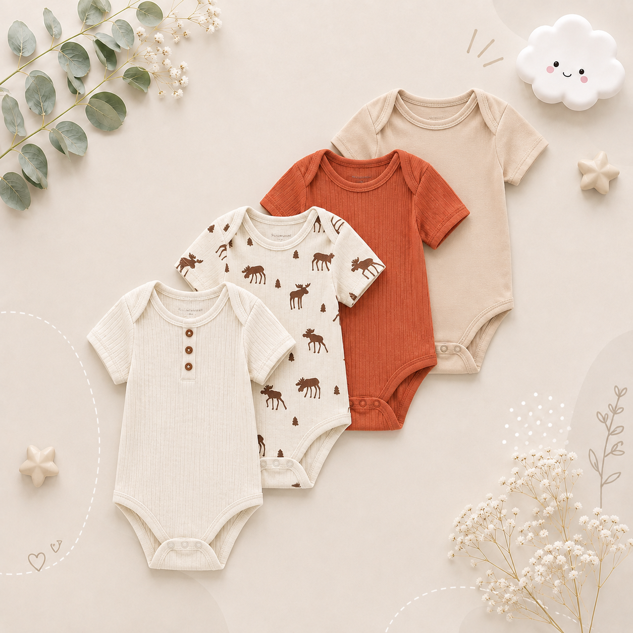The Caleb - Baby Unisex 4pcs Cartoon Print Bodysuits AC